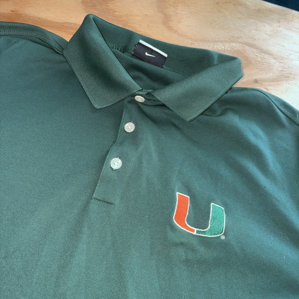 Nike Dri Fit Miami Hurricanes Polo Large Performance Green Solid Embroidered
